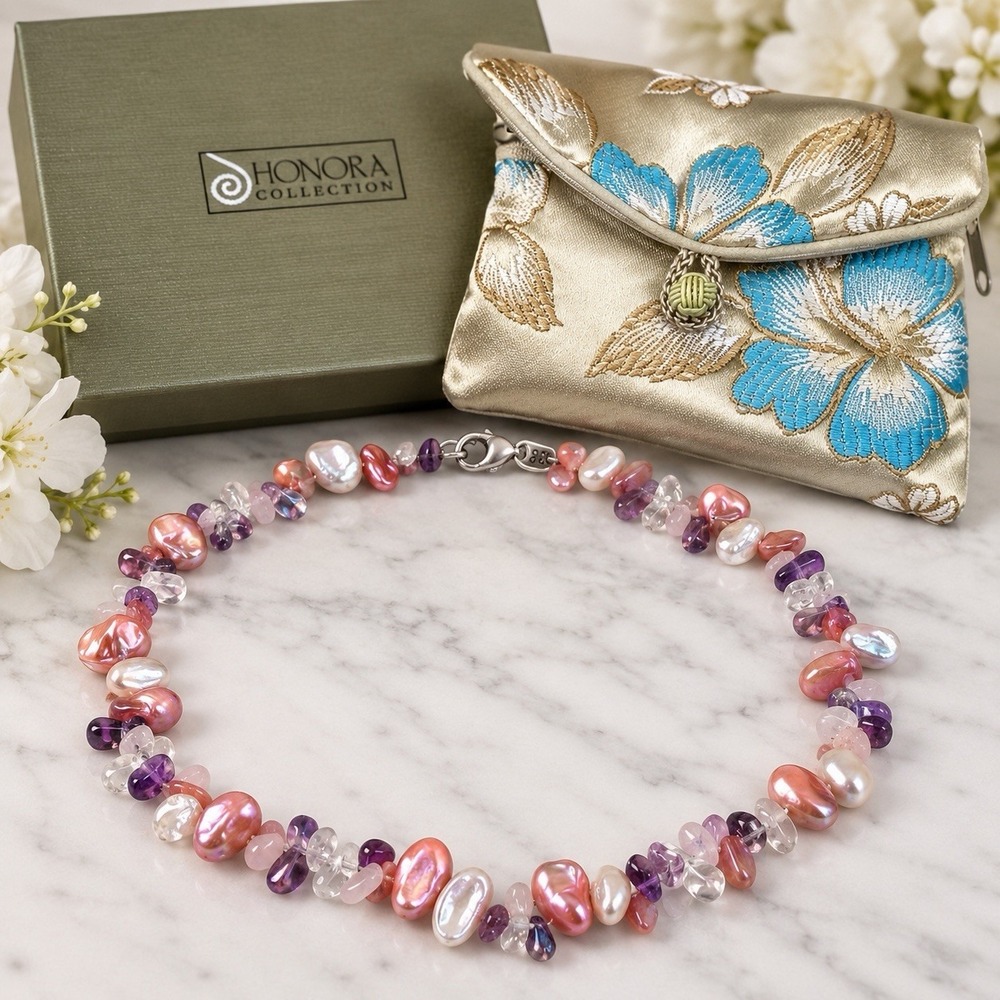 HONORA 19.5" Pink Freshwater Pearl Amethyst Rose Quartz Necklace 925 Sterling